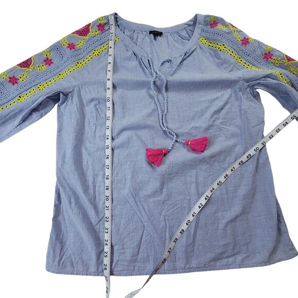 Talbots Blue Cotton Embroidered 3/4 Sleeve Popover Boho Tassel Top Size L - Picture 4 of 8